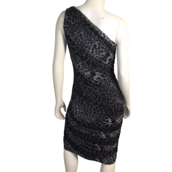 TADASHI SHOJI Evening Dress, XL, Grey Animal Print, Jeweled One Shoulder, Ruched - Picture 7 of 15